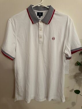 Ag Adriano Goldschmied White Polo with Navy and Red Striped Trim